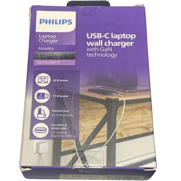 Philips 67.5W GaN USB-C PD Wall Charger + 6ft Cable, Dual Port, BOX WEAR See Pic - Picture 7 of 7